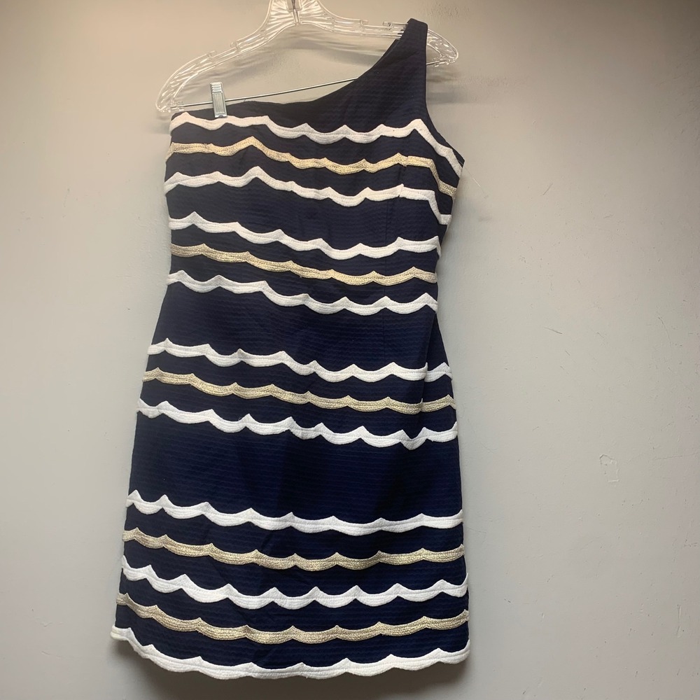 Lilly Pulitzer One‎ Shoulder Dress Womens 10 Navy Blue Excellent Wave Scallop
